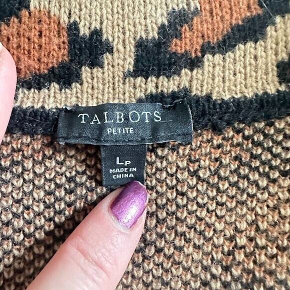 Talbots Open Front Cardigan Sweater Leopard Print Size Large Petite Wool Blend - Picture 8 of 8